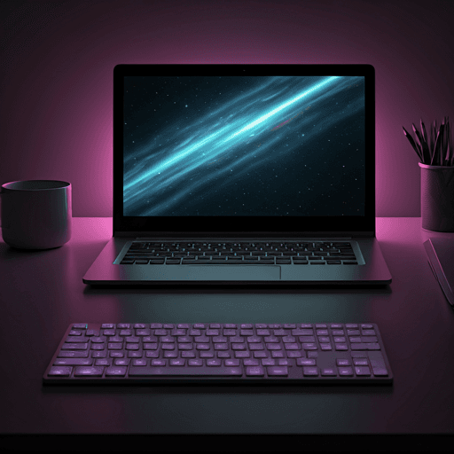 A laptop and keyboard on a desk
