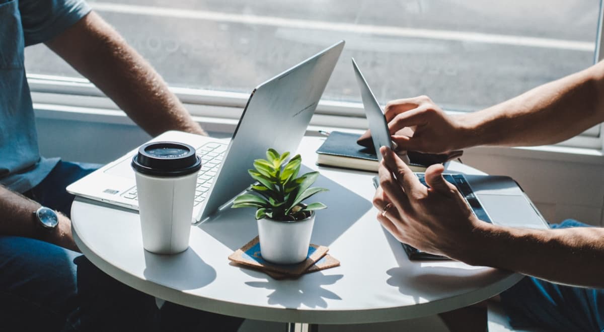 Two people reviewing a project together on their laptops
